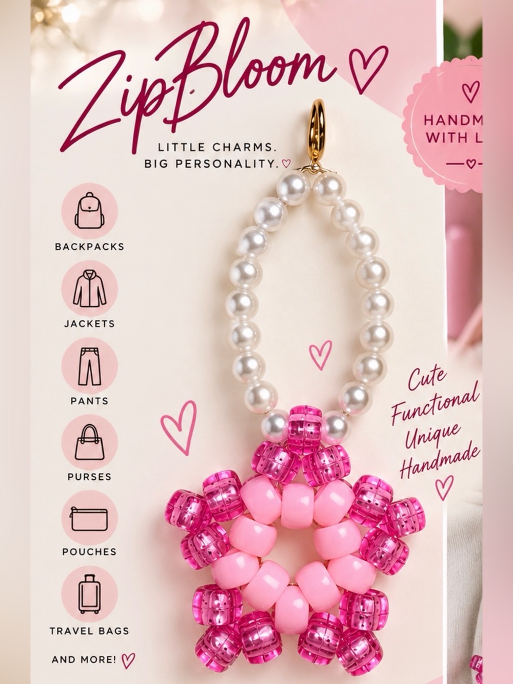Cute Pink Beaded Flower Keychain Charm - Brand:
